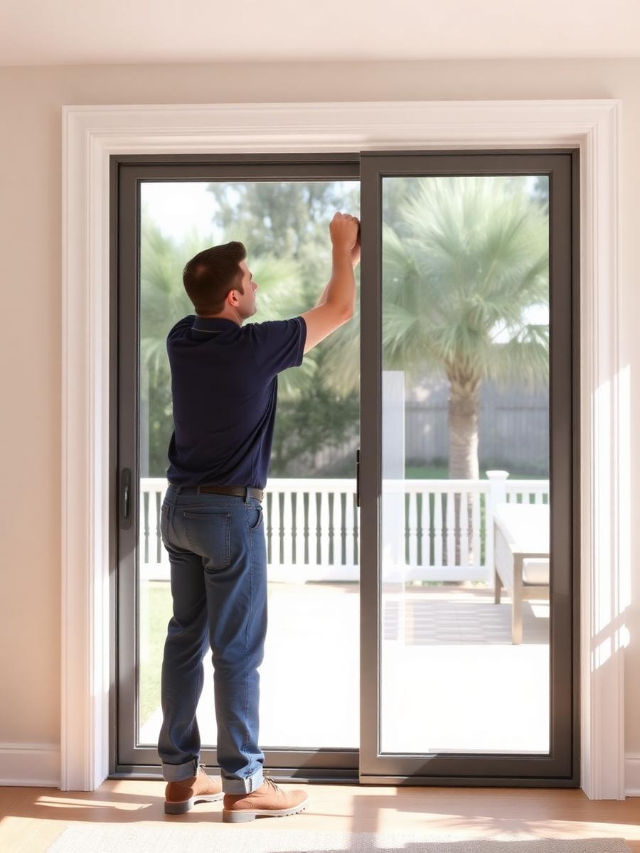 Charleston Windows & Doors technician installing a sliding glass door